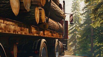 Logging truck loaded with timber, close-up on logs, forest road, bright daylight, high detail  - obrazy, fototapety, plakaty