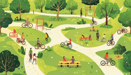 Flat vector illustration of people in the park, some sitting on benches and others walking or riding bicycles, 