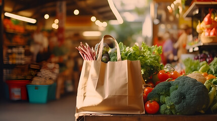 A charming shot of a hand holding a shopping paper bag filled with fresh produce and artisanal goods from a local farmers market. The camera angle is from the side, capturing the authenticity of the p