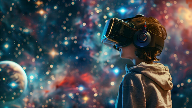 A young child wearing a VR headset, fully engrossed in a virtual reality simulation of outer space exploration. The camera angle is from behind, capturing the wonder on the child's face as they discov