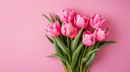 A bouquet of pink tulips on a pink background.