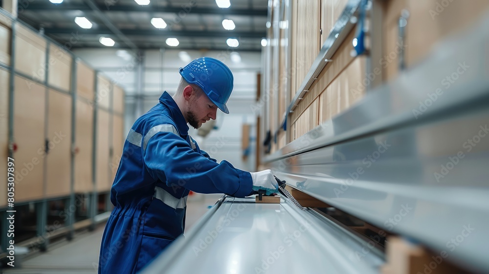 Poster a worker in blue overalls is using an caliper to measure the length of furniture. inside a modern fa
