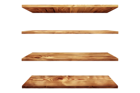Set of empty wooden shelf isolated on transparent background
