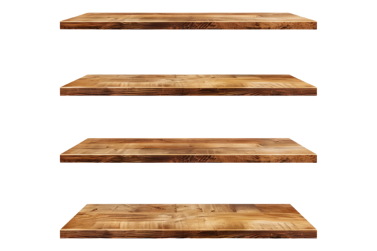 Set of empty wooden shelf isolated on transparent background