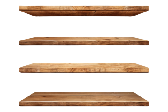 Set of empty wooden shelf isolated on transparent background