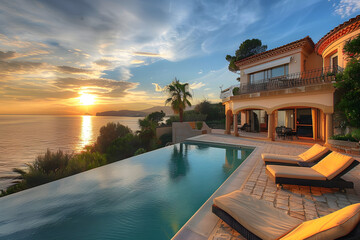 Luxury Villa Overlooking the Sea at Golden Hour 