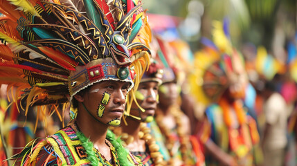 Fototapeta premium A group of men wearing colorful costumes and headdresses are dancing in a parade.