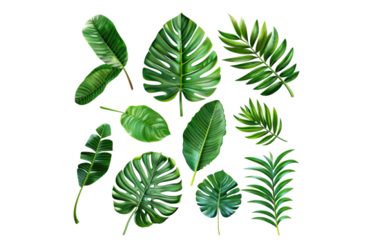 Set of fresh tropical leaves isolated on transparent background