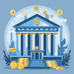 Obraz premium a bank building with money raining down from the sky. The bank is blue and has white columns. There are coins on the ground in front of the bank.