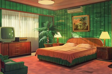 2d Bedroom Anime Background Retro Vintage 70s - obrazy, fototapety, plakaty
