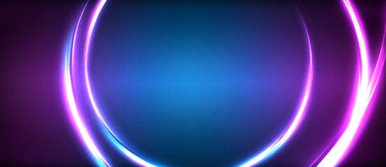 A mesmerizing pattern of glowing purple, magenta, and electric blue circles on a dark background. This artwork combines art and technology to create a symmetrical and vibrant display