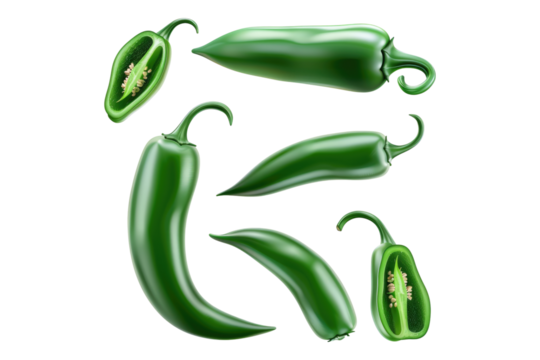 Set of green hot spicy jalapenos or chili isolated on transparent background
