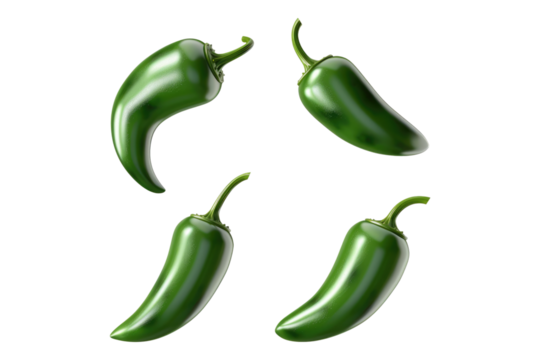 Set of green hot spicy jalapenos or chili isolated on transparent background