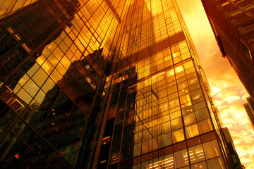 Golden Hour Reflections on a Glass Skyscraper - obrazy, fototapety, plakaty