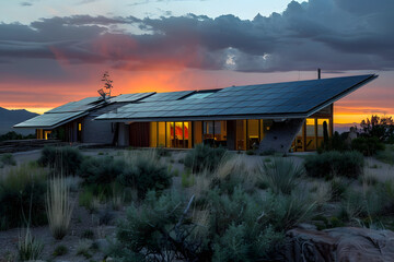 Self-Sustaining Residence with Full Solar Integration at Sunset  - obrazy, fototapety, plakaty