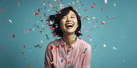 asian woman, smiling portrait, on sky blue background, colorful confettie falls - obrazy, fototapety, plakaty