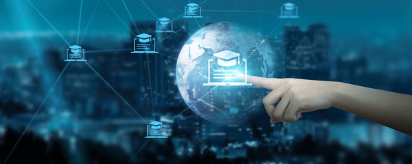 Hand Touching global network connection on e-learning, technology and futuristic platforms.