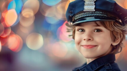 boy dressed as a police officer on the street with blurred background in high resolution and high...