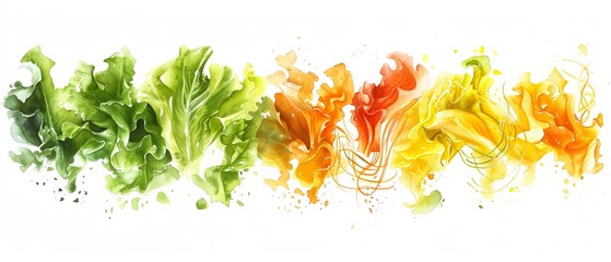 A conceptual watercolor illustration depicting a set of chefs textiles transforming into culinary ingredients, with apron strings turning into spaghetti and kitchen towels morphing into lettuce leaves - obrazy, fototapety, plakaty