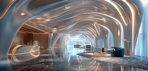 Luxury hotel lobby inside of a parametric silver threads and soft lighting structure, features dark marble floor and abstract modern carpet on it. Generative AI.