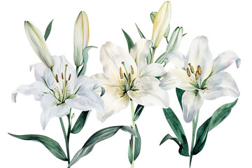 Fototapeta premium Watercolor lily clipart with elegant white petals and green stems, isolated on white background 