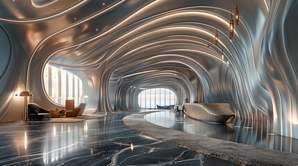 Luxury hotel lobby inside of a parametric silver threads and soft lighting structure, features dark marble floor and abstract modern carpet on it. Generative AI.