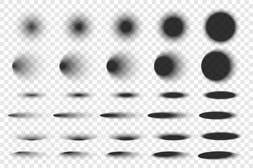 Round shadow with soft edges isolated on transparent background. Realistic oval or ellipse shadow effect with different light illumination angles for web design element. Template shadow soft