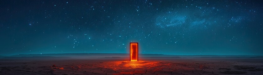 A small red door is lit up in the middle of a desert