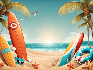  Summer-time vector banner design. It's summer-time text with beach elements like a surfboard, lifebuoy, sunglasses in the sea, and a sand background design.  - obrazy, fototapety, plakaty