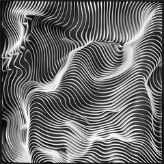 The image is a black and white photo of a woman's face with a very abstract - obrazy, fototapety, plakaty