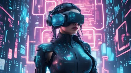 Illustration of a cyberpunk suit woman in a virtual reality setting, surrounded by holographic code, - obrazy, fototapety, plakaty