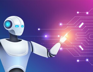 Robot with digital technology circuit future electronic data network multicolor blue red design wallpapers desktop background presentation slide ai big data - obrazy, fototapety, plakaty