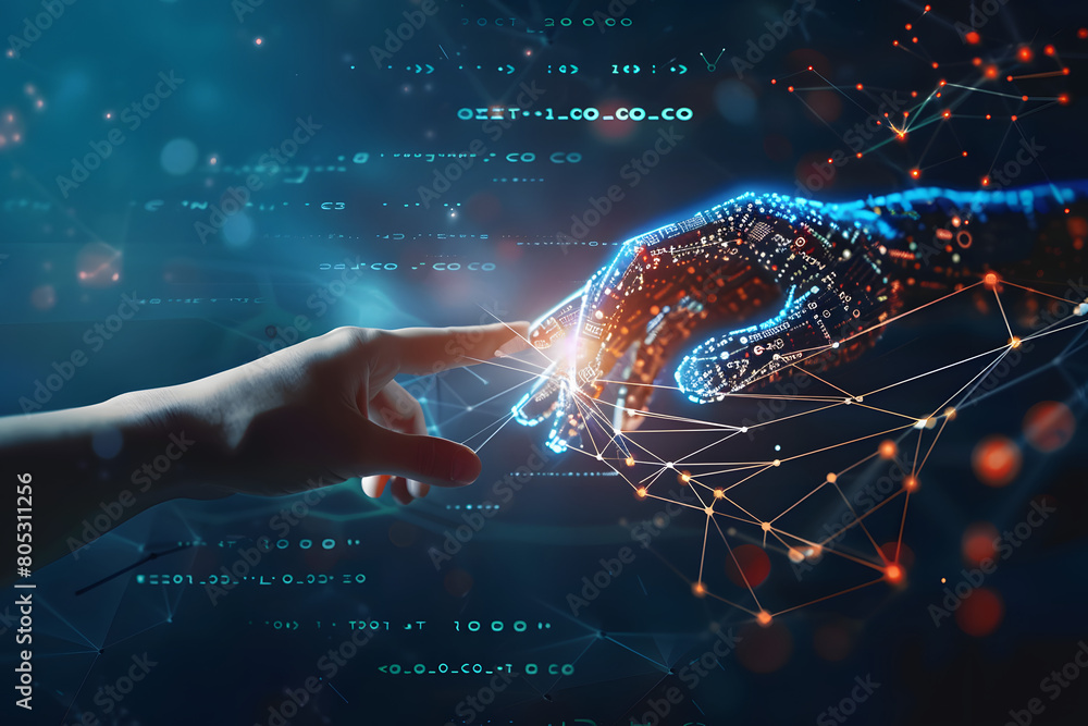Poster ai, machine learning, hands of robot and human touching on big data network connection background, s