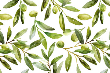 Watercolor Olive Branches, Olive leaves and olives, Seamless pattern illustration 
