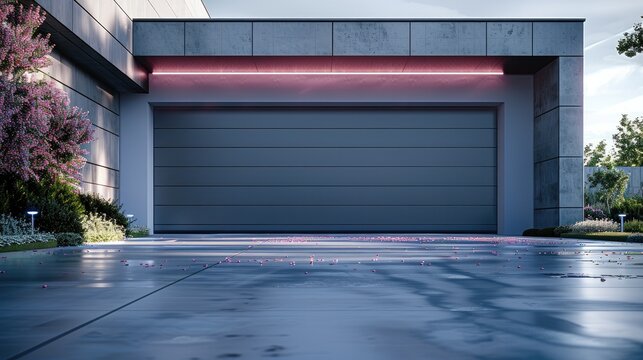 A modern garage, broad closed sectional door, segmented into horizontal panels, light gray color. The garage sleek. Generative AI.