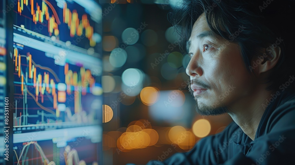 Poster An Asian stock trader is looking at the computer monitor by the window with stock change curve on it. Generative AI.