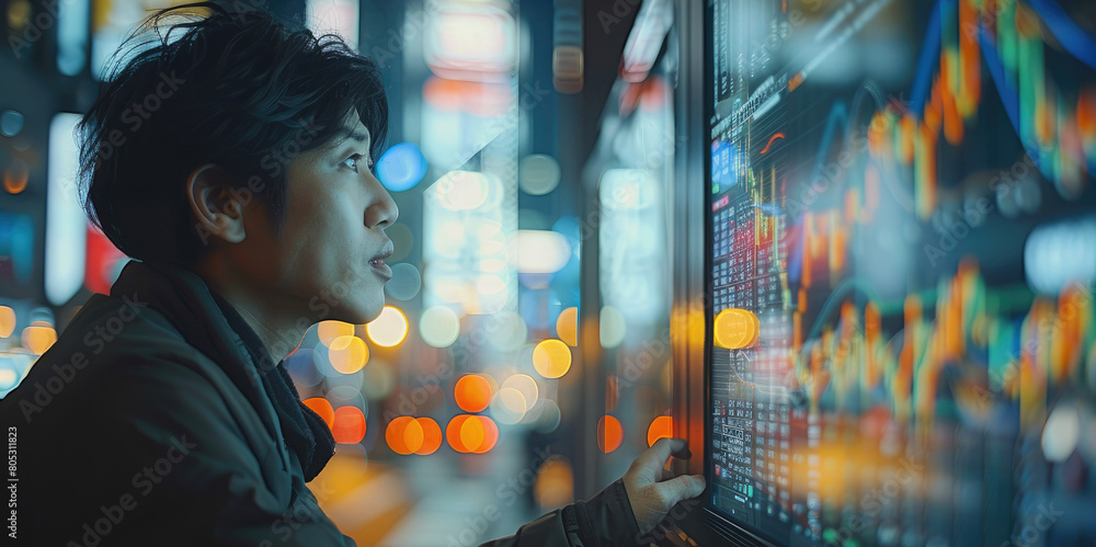 Poster An Asian stock trader is looking at the computer monitor by the window with stock change curve on it. Generative AI.