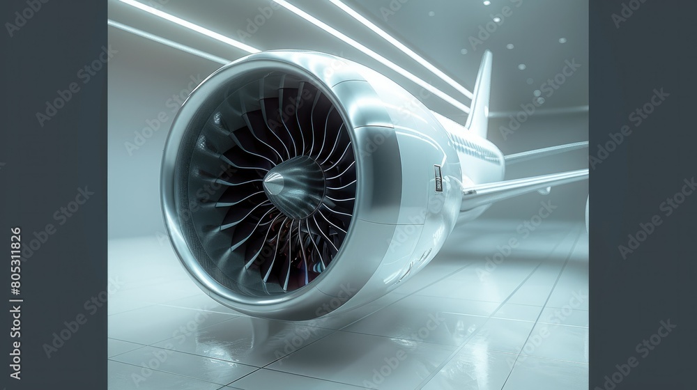 Poster A well-designed white jet engine with smooth lines and an isolated light gray background. Generative AI.