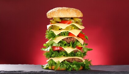 Epic Eats: Massive Hamburger Stands Tall on Fiery Red Canvas - obrazy, fototapety, plakaty