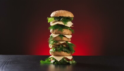 Sky-High Savory: Towering Hamburger Against a Bold Red Backdrop - obrazy, fototapety, plakaty