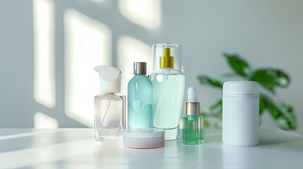 Various Beauty Bottles Neatly Laid Out on a White Table, Accompanied by Space for Custom Text - obrazy, fototapety, plakaty