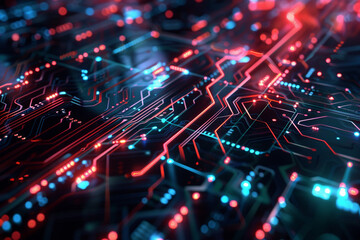 The image is a circuit board with red and blue lights. The circuit board is a computer component that connects different parts of the computer.