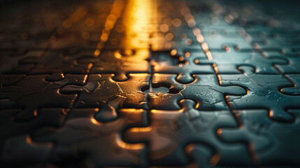 The image shows a puzzle with a missing piece. The puzzle pieces are lit by a warm light. The background is black. - Powered by Adobe