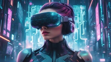 Illustration of a cyberpunk suit woman in a virtual reality setting, surrounded by holographic code, - obrazy, fototapety, plakaty
