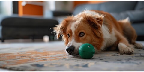 Dog waits patiently to play with ball in living room
