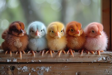 Five tiny, multicolored chicks in a row on a wooden edge depicting growth stages and diversity