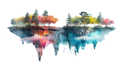 A floating island made with colorful paint splash isolated on a transparent background, PNG, Ai, High Quality 