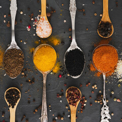Exotic spices on spoons in a square