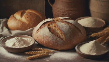 Whole grain bread and flour on wooden table. Fresh bakery product close up. Healthy eating concept