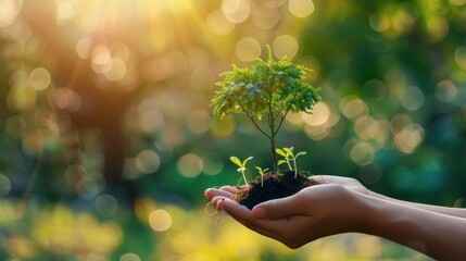 In the hands of trees growing seedlings. Bokeh green Background Female hand holding tree on nature field grass Forest conservation concept